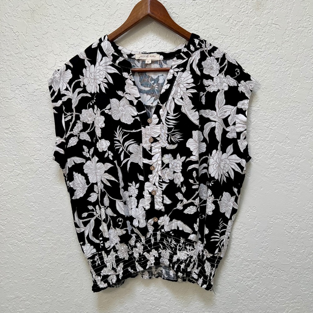 Joie De Vivre Womens XL Black White Floral Smocked Hem Linen Blend Blouse Top